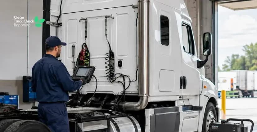 Technician performing a Clean Truck Check emissions inspection on a semi-truck.