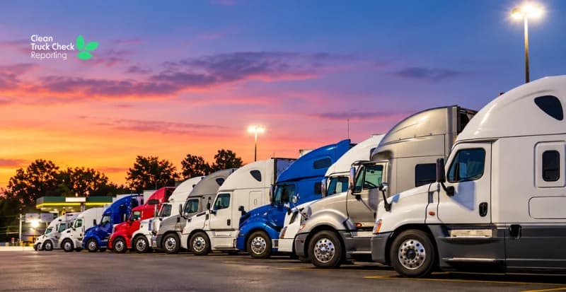 Row of semi-trucks parked at a truck stop at sunset, with the Clean Truck Check Reporting logo in the upper left.