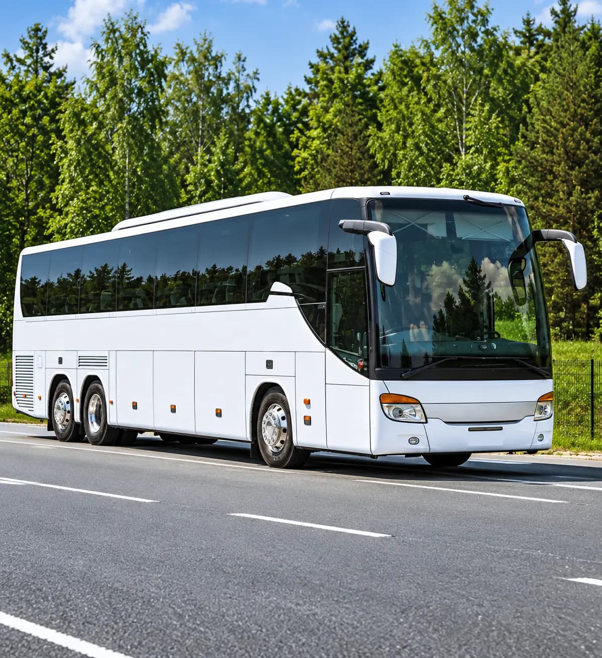 CARB compliant white coach bus.