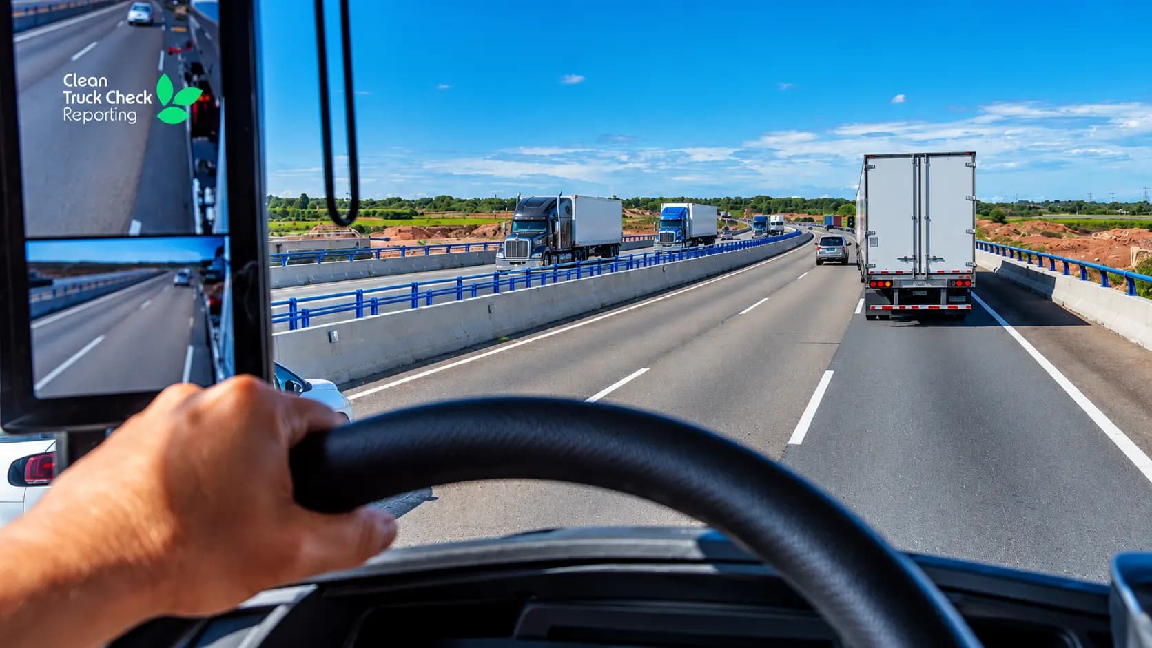 Truck driver’s view of commercial trucks on a highway, with Clean Truck Check Reporting branding for CARB compliance.